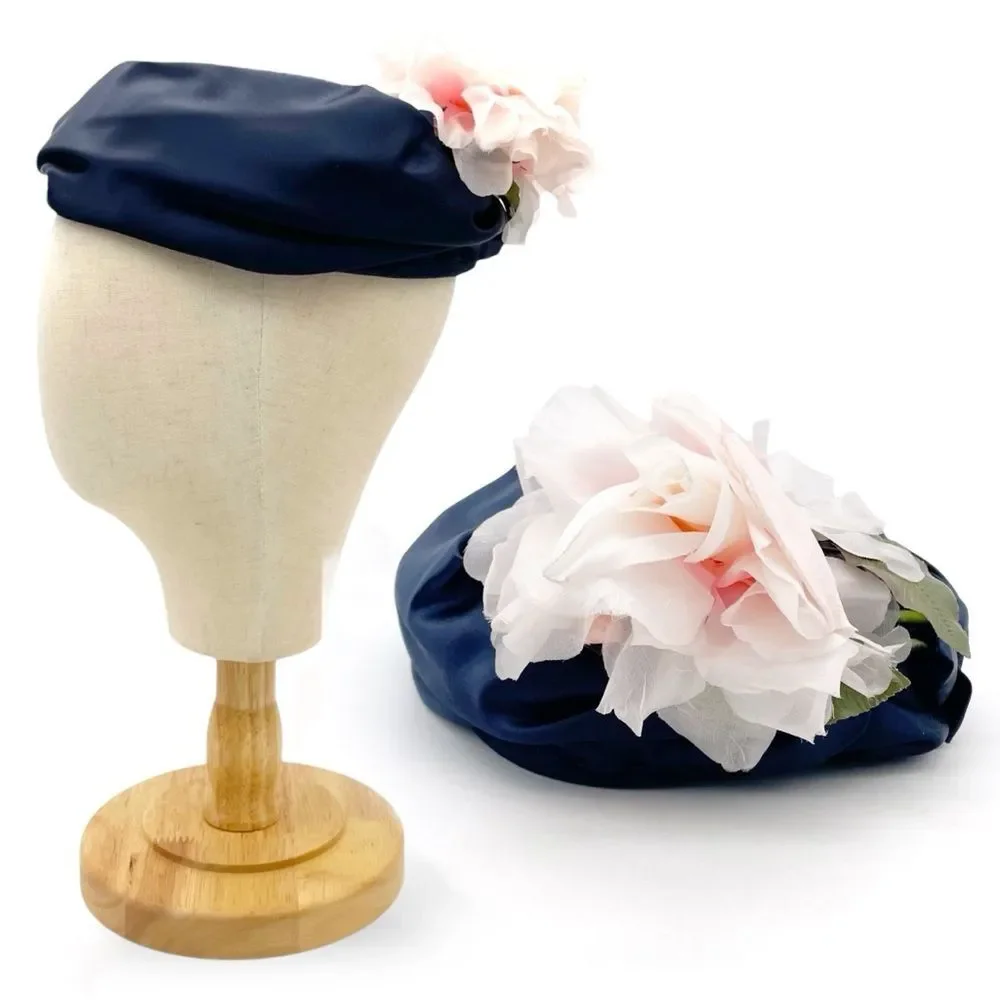 Vintage 1950s Navy Blue Hat Pink Flower Trim Size 22 1/2 Pillbox Fascinator - Picture 15 of 15